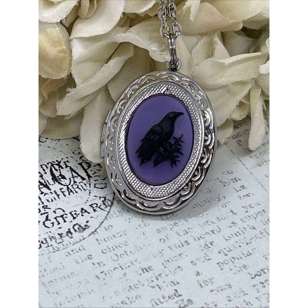 Silver Raven Black Purple Crow Locket Necklace Pendant Gothic Wedding Festival 22$